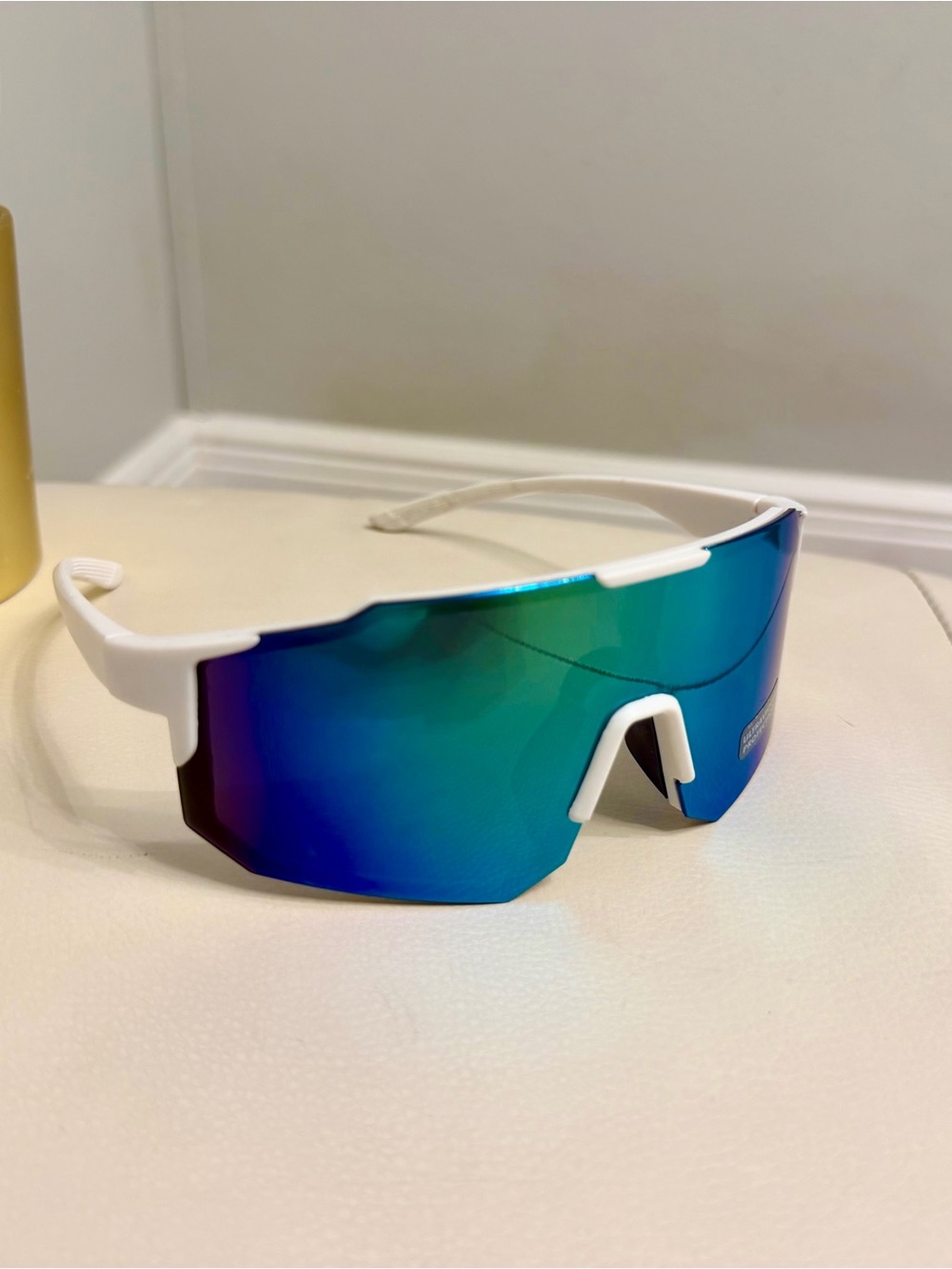 White Frame Sports Sunglasses with Blue-Green Mirrored Lens